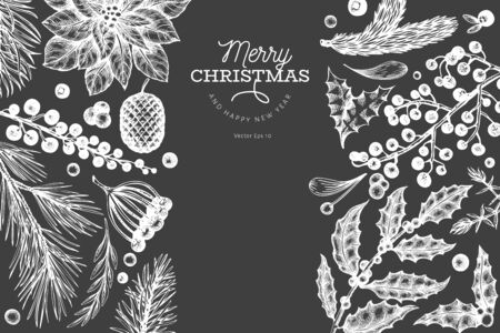 Christmas banner template. Vector hand drawn illustrations on chalk board. Greeting card design in vintage style. Winter backgroundのイラスト素材