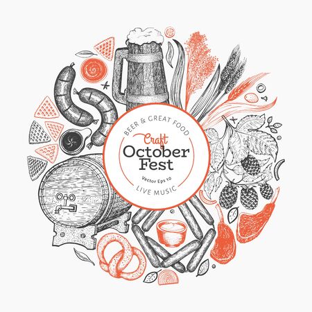 Octoberfest design template. Vector hand drawn illustrations. Greeting Beer festival card in vintage style. Autumn background.のイラスト素材