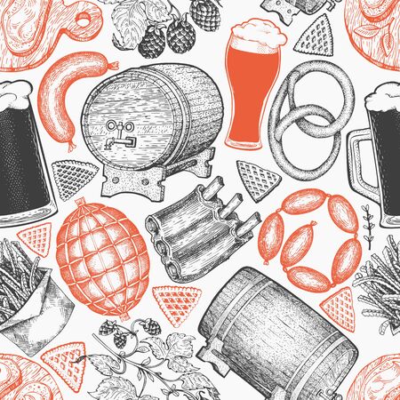 Octoberfest seamless pattern. Vector hand drawn illustrations. Greeting Beer festival design in vintage style. Autumn background.のイラスト素材
