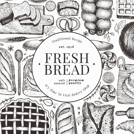 Bread and pastry banner. Vector bakery hand drawn illustration. Retro design template.のイラスト素材