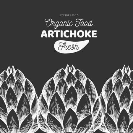 Artichoke vegetable design template. Hand drawn vector food illustration on chalk board. Engraved style vegetable frame. Vintage botanical banner.のイラスト素材