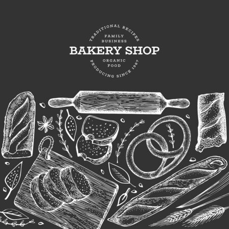 Bread and pastry banner. Vector bakery hand drawn illustration on chalk board. Retro design template.のイラスト素材