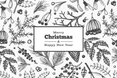 Christmas hand drawn vector greeting card template. Botanical design. Retro style illustrationのイラスト素材