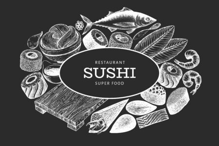 Japanese cuisine design template. Sushi hand drawn vector illustration on chalk board. Vintage style asian food background.のイラスト素材
