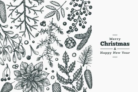 Christmas hand drawn vector greeting card template. Botanical design. Retro style illustrationのイラスト素材