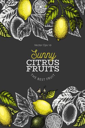 Lemon tree banner template. Hand drawn vector fruit illustration on dark background. Engraved style frame. Retro citrus background.のイラスト素材