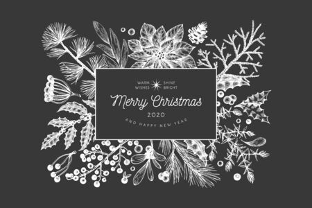 Christmas hand drawn vector greeting card template. Botanical design. Retro style illustration on chalk boardのイラスト素材