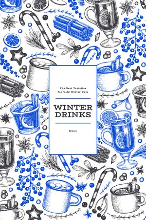 Winter drinks vector design template. Hand drawn engraved style mulled wine, hot chocolate, spices illustrations. Retro christmas background.のイラスト素材