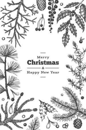 Christmas hand drawn vector greeting card template. Botanical design. Retro style illustrationのイラスト素材