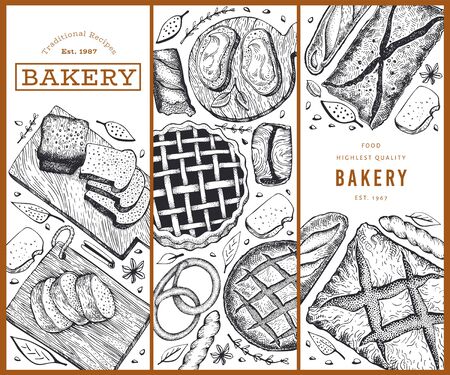 Bread and pastry banners set. Vector bakery hand drawn illustration. Retro design template.のイラスト素材