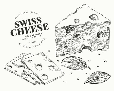 Swiss cheese illustration. Hand drawn vector dairy illustration. Engraved style emmental triangle slice cut. Retro food illustration.のイラスト素材