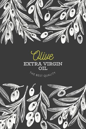 Olive branch design template. Hand drawn vector food illustration on chalk board. Engraved style mediterranean plant. Vintage botanical picture.のイラスト素材