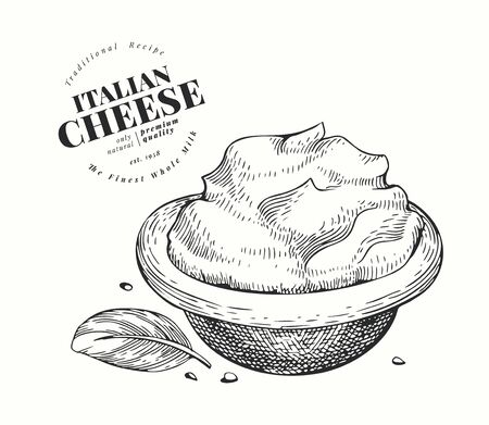 Italian mascarpone illustration. Hand drawn vector dairy illustration. Engraved style cream cheese. Retro food illustration.のイラスト素材