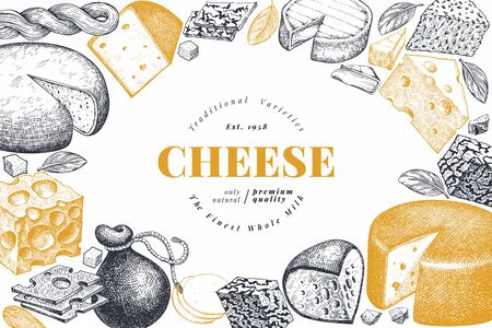 Cheese design template. Hand drawn vector dairy illustration. Engraved style different cheese kinds banner. Retro food background.のイラスト素材