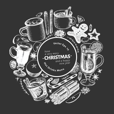Winter drinks vector design template. Hand drawn engraved style mulled wine, hot chocolate, spices illustrations on chalk board. Retro christmas background.のイラスト素材