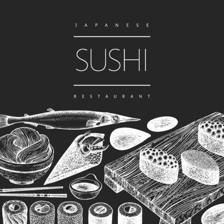 Japanese cuisine design template. Sushi hand drawn vector illustration on chalk board. Vintage style asian food background.のイラスト素材