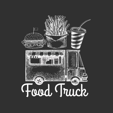 Street food van logo template. Hand drawn vector truck with fast food illustration on chalk board. Engraved style vintage design.のイラスト素材