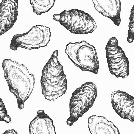 Oysters seamless pattern. Hand drawn vector seafood illustration. Engraved style mollusks. Vintage food backgroundのイラスト素材