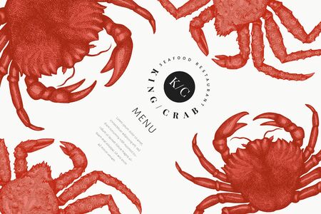Crab design template. Hand drawn vector seafood illustration. Engraved style crustacean. Retro lobster banner.のイラスト素材