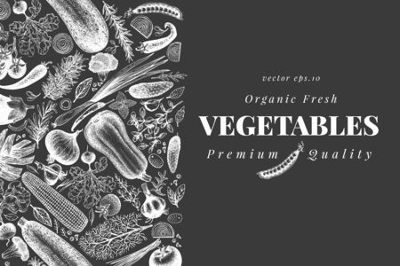 Vegetables hand drawn vector illustration on chalk board. Vintage engraved style banner. Can be use for menu, label, packaging, farm market products.の写真素材