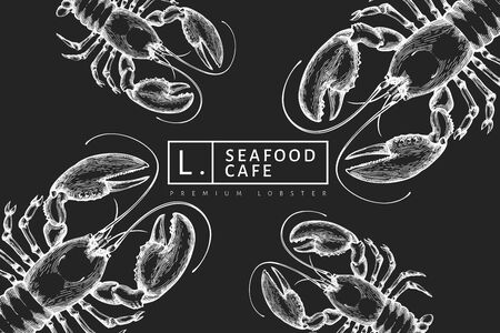 Lobster banner template. Hand drawn vector seafood illustration on chalk board. Engraved style. Retro sea animal backgroundの写真素材