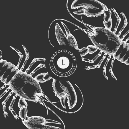 Lobster banner template. Hand drawn vector seafood illustration on chalk board. Engraved style. Retro sea animal backgroundの写真素材