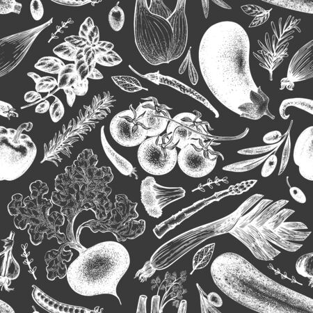 Vegetables hand drawn vector seamless pattern. Vintage engraved style illustrations on chalk board. Can be use for menu, label, packaging, flyer, farm market products.の写真素材