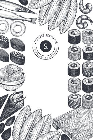 Japanese cuisine design template. Sushi hand drawn vector illustrations. Vintage style sian food background.の写真素材