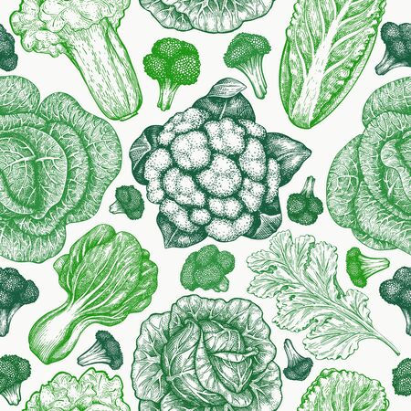 Hand drawn sketch vegetables. Organic fresh food vector seamless pattern. Vintage vegetable background. Engraved style botanical illustrations.のイラスト素材