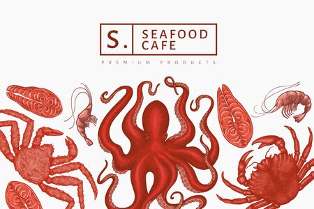 Seafood design template. Hand drawn vector seafood illustration. Engraved style food banner. Vintage sea animals backgroundのイラスト素材