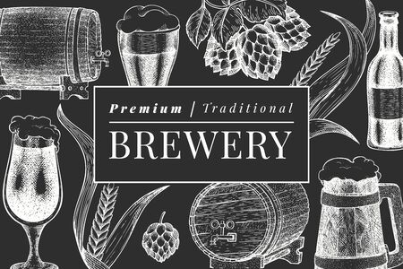 Beer glass mug and hop design template. Hand drawn vector pub beverage illustration on chalk board. Engraved style. Vintage brewery illustration.のイラスト素材