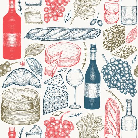 French food illustration seamless pattern. Hand drawn vector picnic meal illustrations. Engraved style different snack and wine design. Retro food background.のイラスト素材