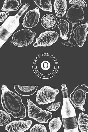 Oysters and wine design template. Hand drawn vector illustration on chalk board. Seafood banner. Can be used for design menu, packaging, recipes, fish market, seafood products.のイラスト素材
