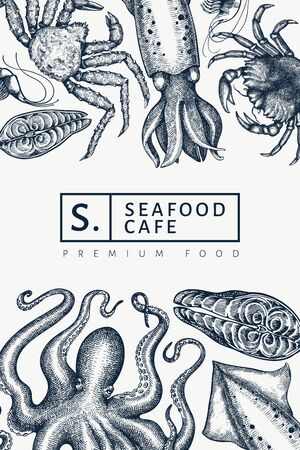 Seafood design template. Hand drawn vector seafood illustration. Engraved style food banner. Vintage sea animals backgroundのイラスト素材