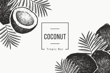 Coconut with palm leaves design template. Hand drawn vector food illustration. Engraved style exotic plant. Vector botanical tropical background.のイラスト素材