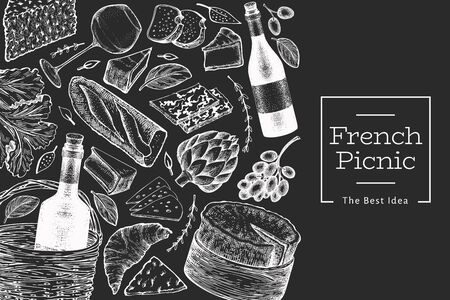 French food illustration design template. Hand drawn vector picnic meal illustrations on chalk board. Engraved style different snack and wine banner. Retro food background.のイラスト素材