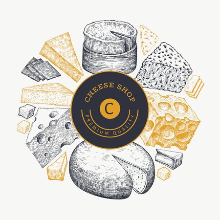Cheese design template. Hand drawn vector dairy illustration. Engraved style different cheese kinds banner. Retro food background.のイラスト素材