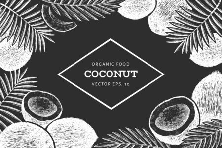Coconut with palm leaves design template. Hand drawn vector food illustration on chalk board. Engraved style exotic plant. Vector botanical tropical background.のイラスト素材