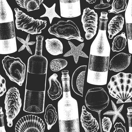 Oysters and wine seamless pattern. Hand drawn vector illustration on chalk board. Seafood background. Can be used for design menu, packaging, recipes, fish market, seafood products.のイラスト素材