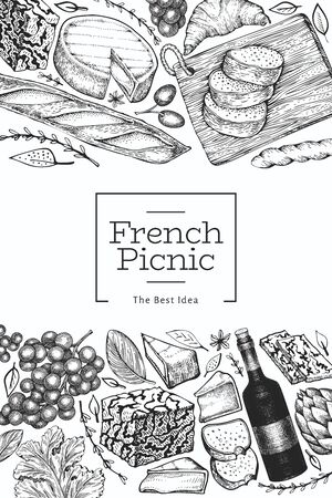 French food illustration design template. Hand drawn vector picnic meal illustrations. Engraved style different snack and wine banner. Retro food background.のイラスト素材