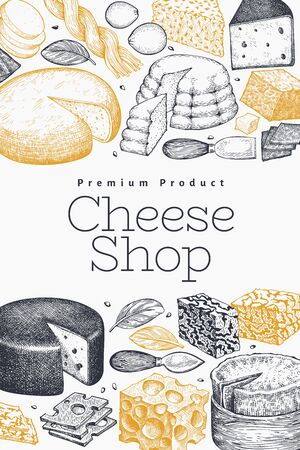 Cheese design template. Hand drawn vector dairy illustration. Engraved style different cheese kinds banner. Retro food background.のイラスト素材
