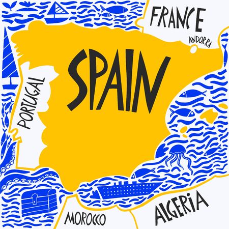 Vector hand drawn stylized map of Spain. Travel illustration of Spain Kingdom and neighboring countries. Hand drawn lettering illustration. Europe map elementのイラスト素材