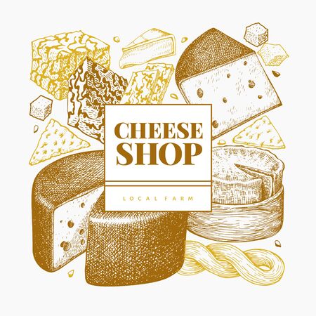 Cheese design template. Hand drawn vector dairy illustration. Engraved style different cheese kinds banner. Retro food background.のイラスト素材