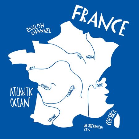 Vector hand drawn stylized map of France. Travel illustration with rivers names. Hand drawn lettering illustration. Europe map elementのイラスト素材
