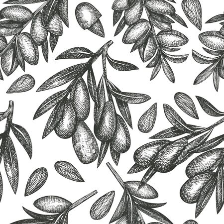 Hand drawn sketch almond seamless pattern. Organic food vector illustration on white background. Vintage nut illustration. Engraved style botanical background.のイラスト素材
