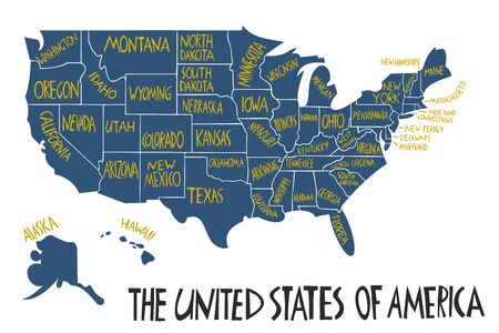 Vector hand drawn stylized map of The United States of America. Travel illustration of USA states....