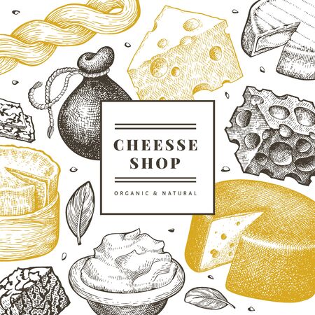 Cheese design template. Hand drawn vector dairy illustration. Engraved style different cheese kinds banner. Vintage food background.のイラスト素材