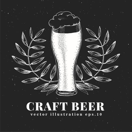 Vector beer design template. Hand drawn illustrations on chalk board. Vintage beer backgroundのイラスト素材