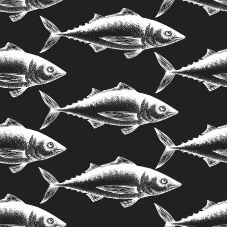 Hand drawn fish seamless pattern. Vector tuna illustrations on chalk board. Vintage marine backgroundのイラスト素材