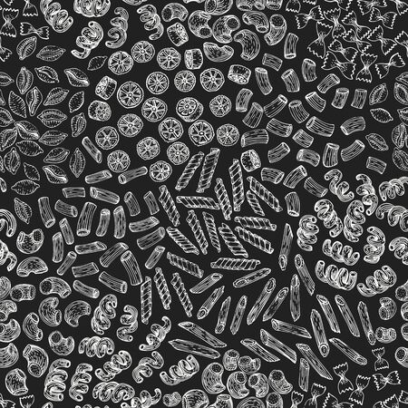 Hand drawn pasta seamless pattern. Vector pasta kinds illustrations on chalk board. Vintage food backgroundのイラスト素材